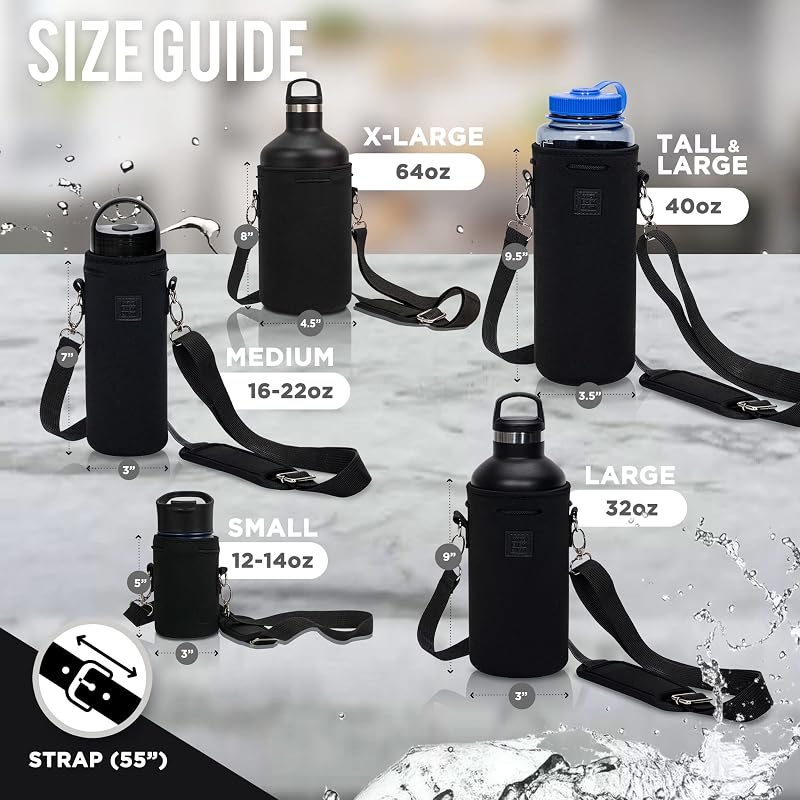 Neoprene Water Bottle Carrier with Adjustable Shoulder Strap - 64oz XL (Blue) for Insulating & Carrying Canteen