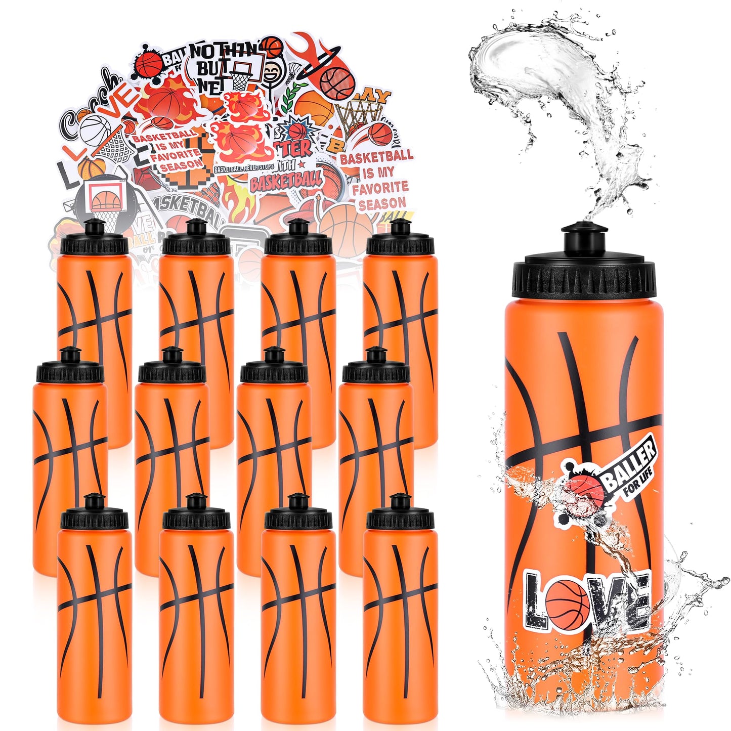 DI QIU REN 12pcs 20oz Basketball Water Plastic Bottle with 300 PCS Stickers