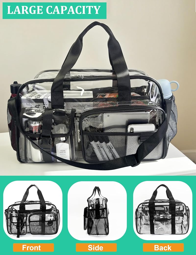 Large Clear Tote Bag 19" Luggage Carry-On with 10 Pockets, PVC Beach & Travel Bag