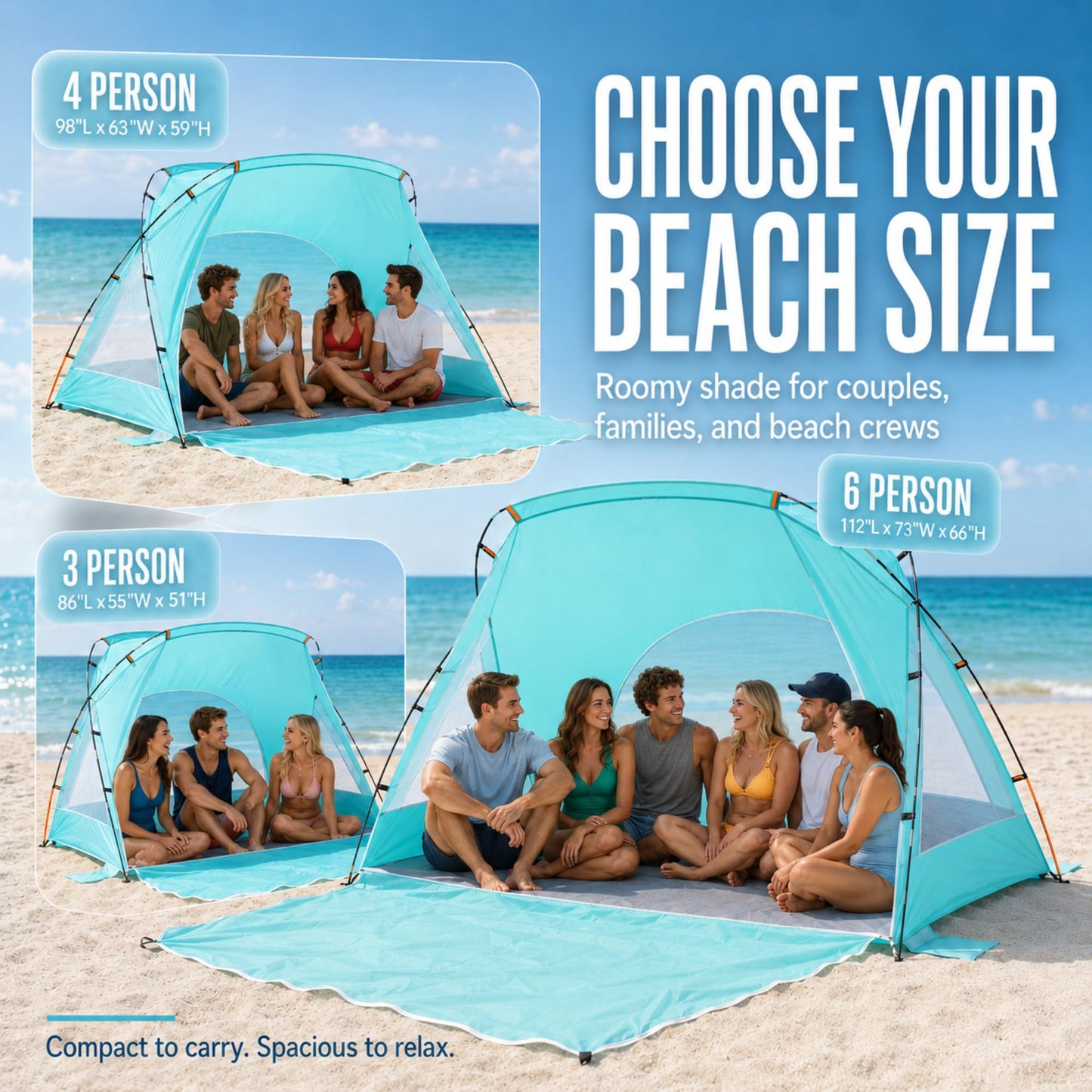 Beach Tent, Portable Sun Shelter for 2/3/4/6-8 Person with UPF 50+ UV Protection, Easy Setup Waterproof Beach Shade Canopy Cabana for Family Outdoor and Picnics, Fishing with Carrying Bag