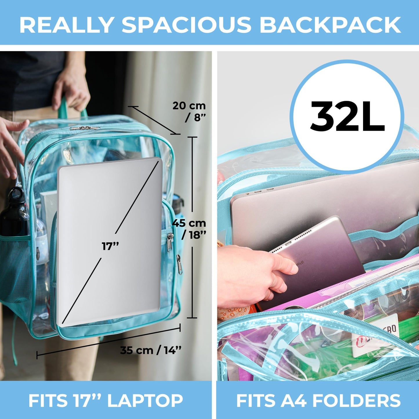 Clear Backpack Heavy Duty XL - H18''xW14''xD8. Has TSA Lock - Turquoise