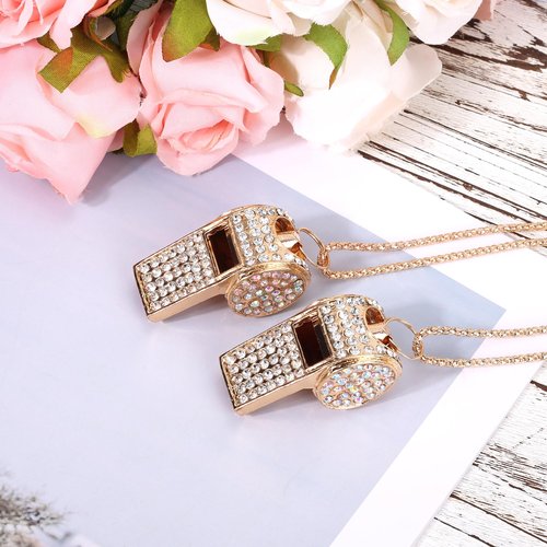 Tinoaly 2pcs Bling Whistle Crystal Rhinestone Necklace, Metal Golden Bling Loud Crisp Sound Whistle with Chain Lanyard for Referee Coach Teacher Sports Training