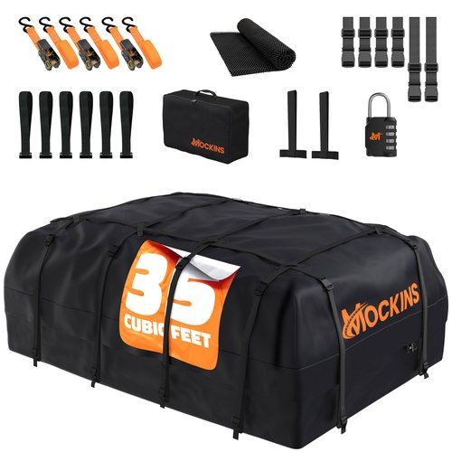 Mockins 35 Cu.Ft. Black Waterproof Rooftop Cargo Carrier Bag | 60"x42"x24" Car Roof Bag for Use with or w/o Roof Rack | Car Topper Luggage Carrier Waterproof Storage Set w/Mat, Straps, Hooks, & More