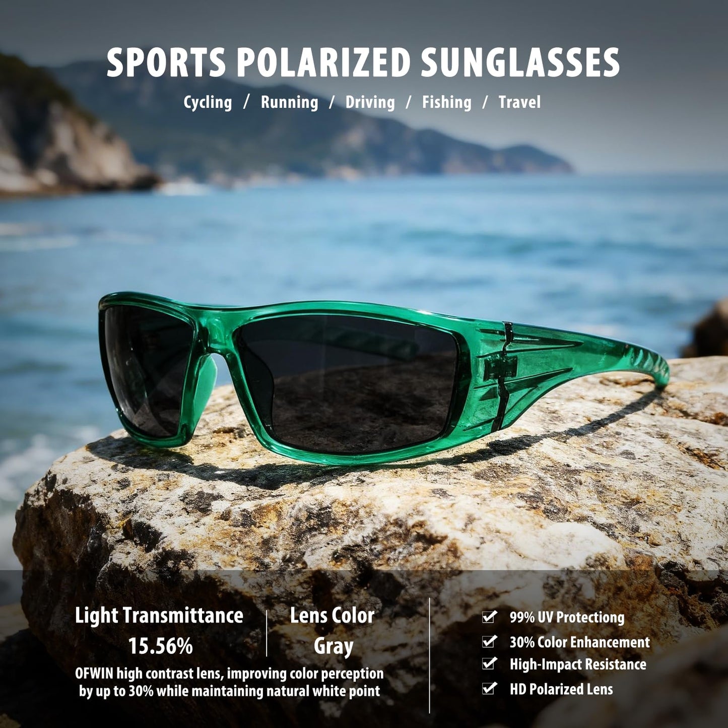 Ofwin Polarized Sports Sunglasses for Men Women Unbreakable Frame Cycling Fishing Wrap Around Sunglasses UV400 Protection 1-Clear Green/Gray Lens
