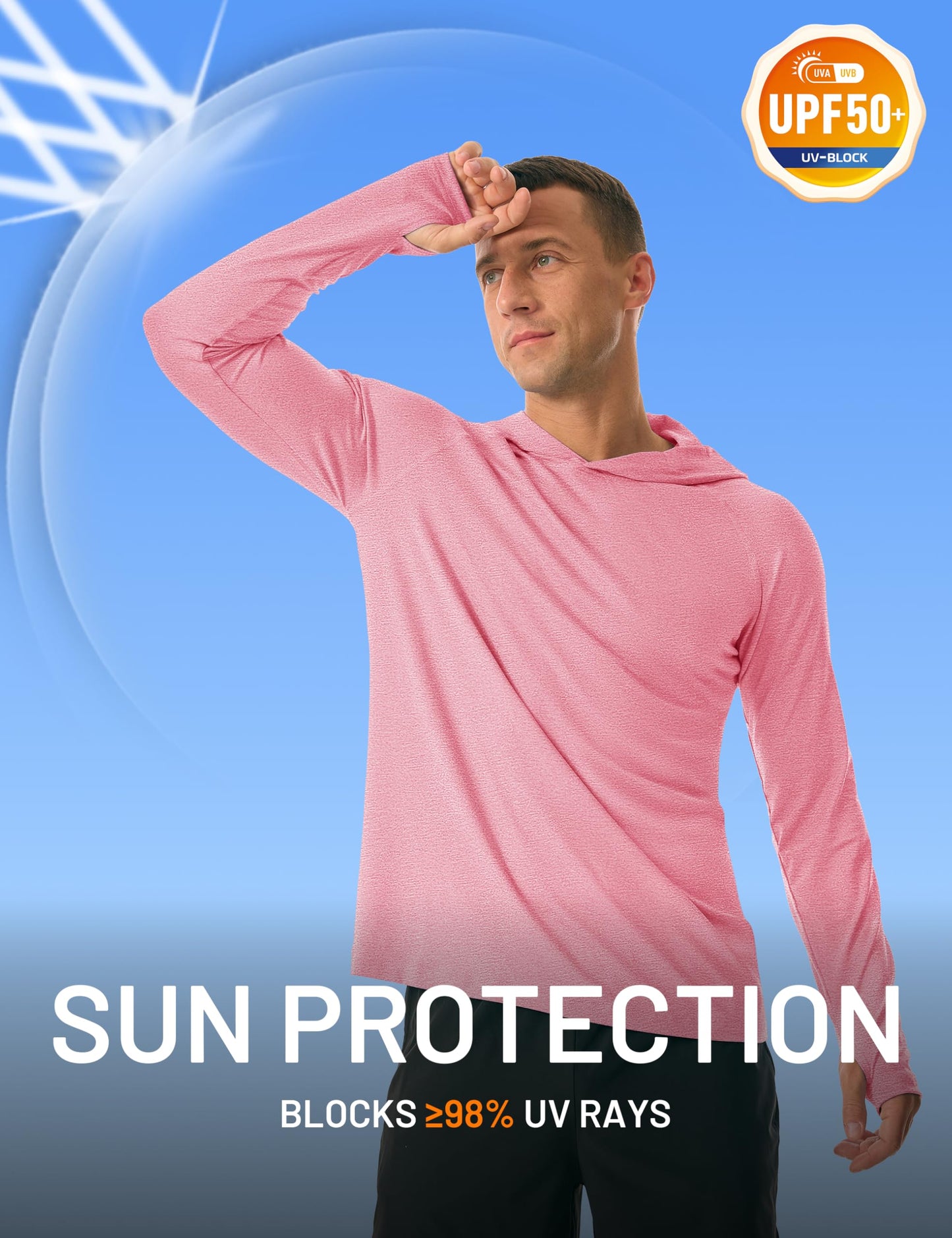 MAGCOMSEN UV Shirts for Men Long Sleeve SPF Sun Protection Hooded Shirt Lightweight Swim Fishing Athletic Tshirt for Summer Pink, S