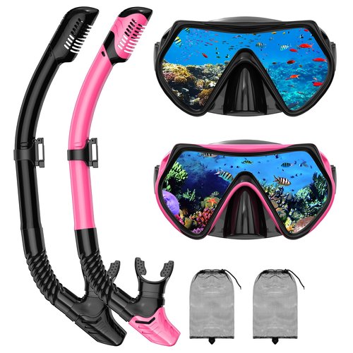 Snorkeling Gear for Adults, Adult Snorkel Mask Set Scuba Diving Dry-Top, Swimming Goggles w/Nose Cover, HD Tempered Glass Panoramic Anti-Leak Anti-Fog, Travel Snorkeling Packages Storage Bag, 2 Pack