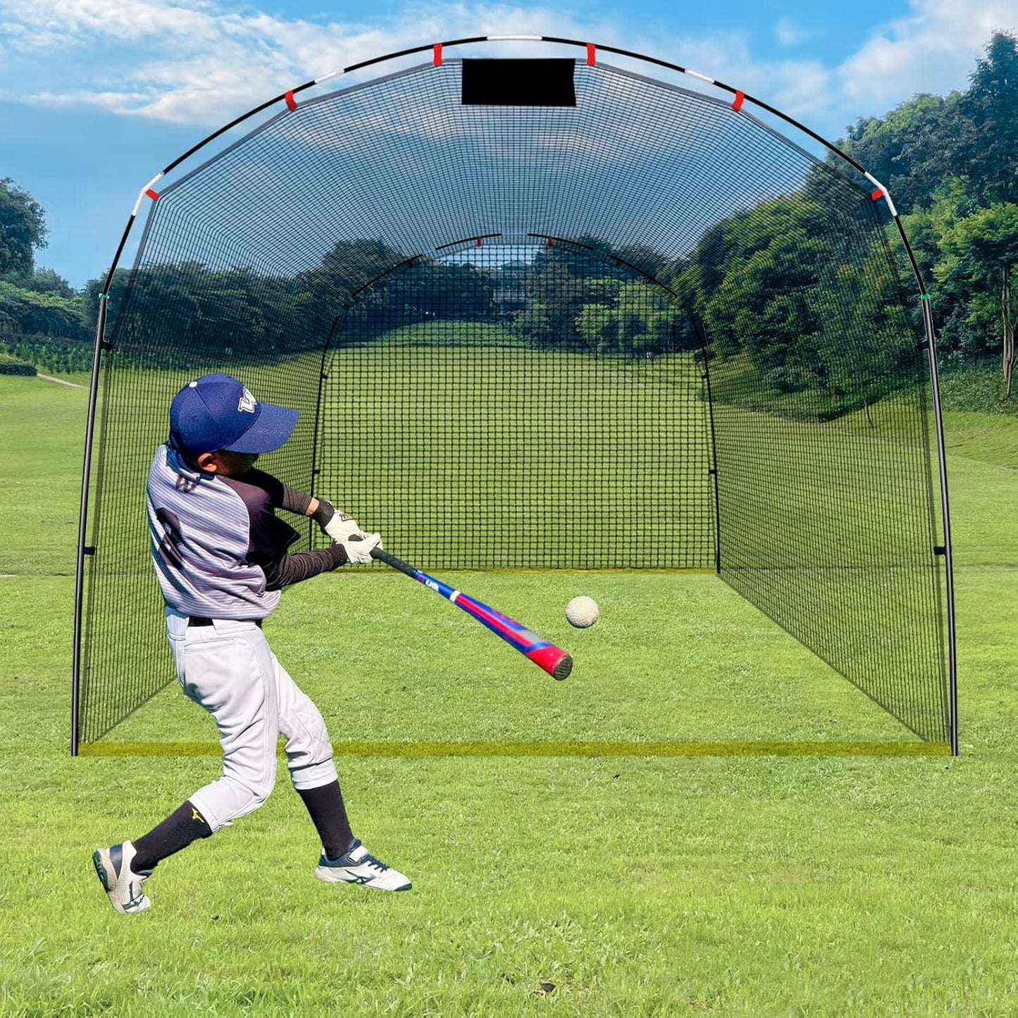 13×10×8FT Baseball Softball Batting Cage, Black Portable Batting Cages for Backyard Outdoor Pitching Practice Net，Baseball Batting Practice Net, Indoor Training Cage with Ground Frame