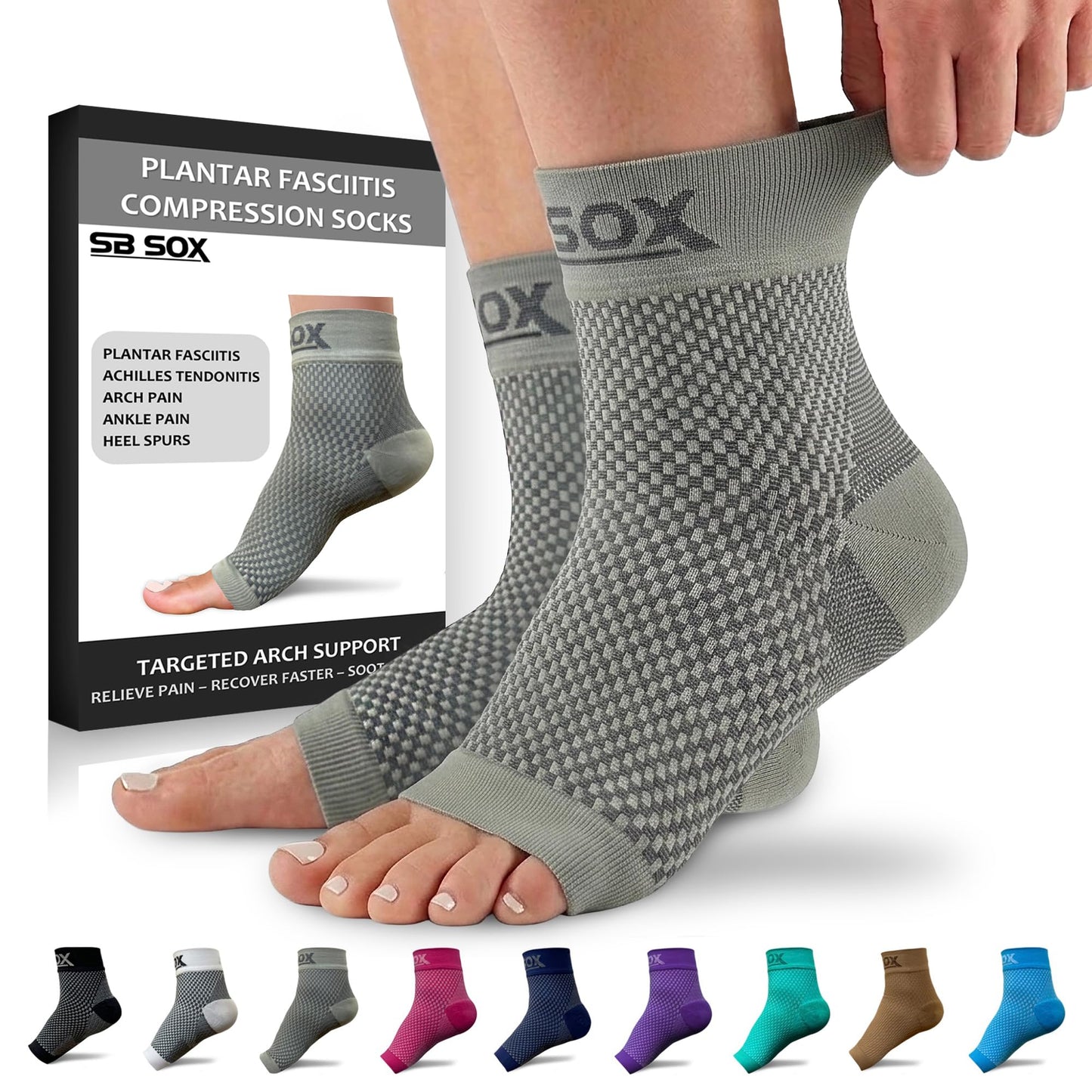SB SOX Plantar Fasciitis Compression Socks – Arch Support Sleeve for Heel Pain Relief, Achilles Tendonitis & Foot Pain – Toeless Ankle Compression, All-Day Comfort (Gray, Medium)