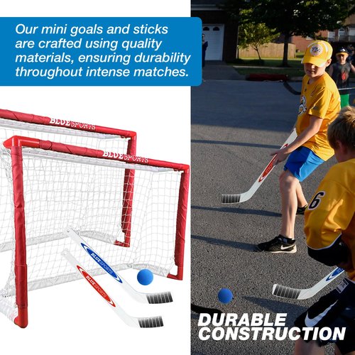 Sports Mini Hockey Goal Set - Indoor & Outdoor Hockey Set - Goalie Equipment with 2 Mini Goals, 2 Mini Sticks & 1 Foam Ball