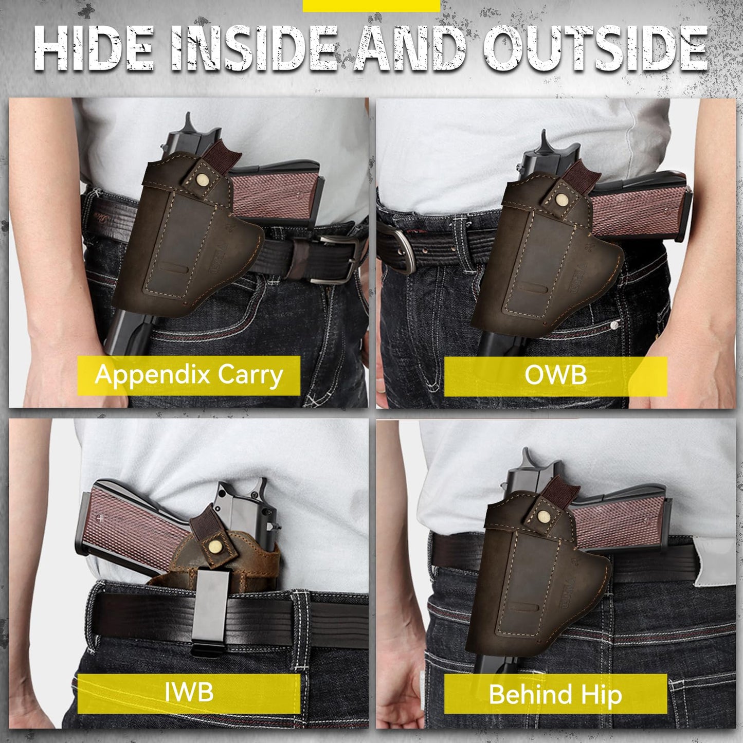 IWB/OWB Universal Leather Gun Holster for Men Women Right/Left Concealed Carry Holster Fits Glock 17/19/23/26/42/43X Taurus G2/G2C/G3C Sig P365 P320 Springfield Hellcat M&P 9mm Shield Most Size Pistol