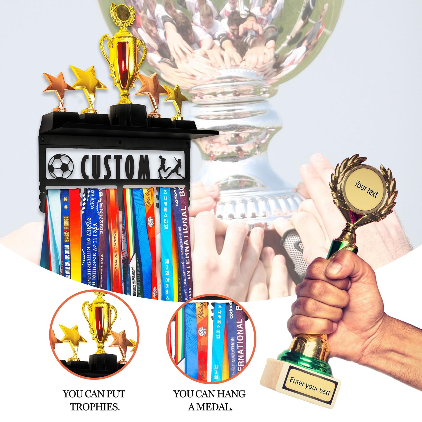 Personalized Medal Wall Hanger with Shelf - 70+ Medal Display Rack with Custom Name Engraving - Stainless Steel, Secure Hooks - Running Race Medals + Trophies/Photos Holder for Homes/Gyms/School