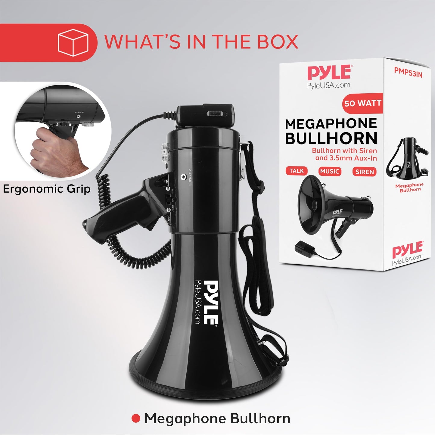 PYLE 50W Megaphone Speaker PA Bullhorn - Built-in Siren, Adjustable Volume Control, 35mm Aux Input, 1554 Meters Range, Perfect for Sports Events, Emergency Drills, and Outdoor Activities, Black