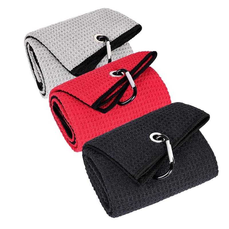 Variation: Black Grey Red - 3 Pack Large Golf Towels 16x24 Microfiber Waffle Towels with Carabiner Clip