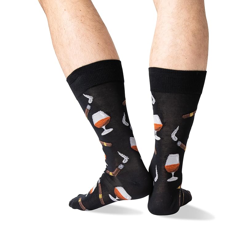 Men's Fun Cocktail Drinks Crew Socks - 1 Pair, Cognac & Cigars Variation