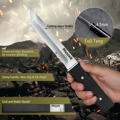 Huusk Japanese Fixed Blade Knife - Tanto Samurai Knife with Sheath - Full Tang Survival Knives with Wood Handle - Bushcraft knives for Outdoor Camping BBQ, Gifts for Men
