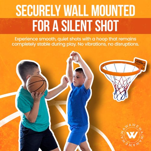 WAWAWEWA The Official Silent Basketball Hoop Indoor – Durable Plastic, Large Wall-Mounted Basketball Hoop with No-Noise Design + Adhesive & Screw Installation – for Use with Silent Basketball Only