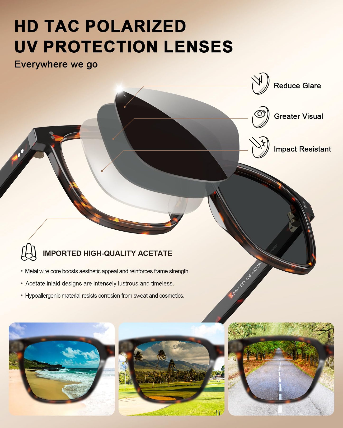 CARFIA Polarized Sunglasses for Women: Acetate, Small/Medium Size, UV400 Anti Glare CA5354