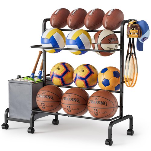 Ball Storage Rack, Adjustable Basketball Holder Display Stand with Ball Basket Bin Hooks, Outdoor Ball Cart with Wheels for Soccer Football Tennis Baseball, Sport Equipment Organizer for Garage Gym