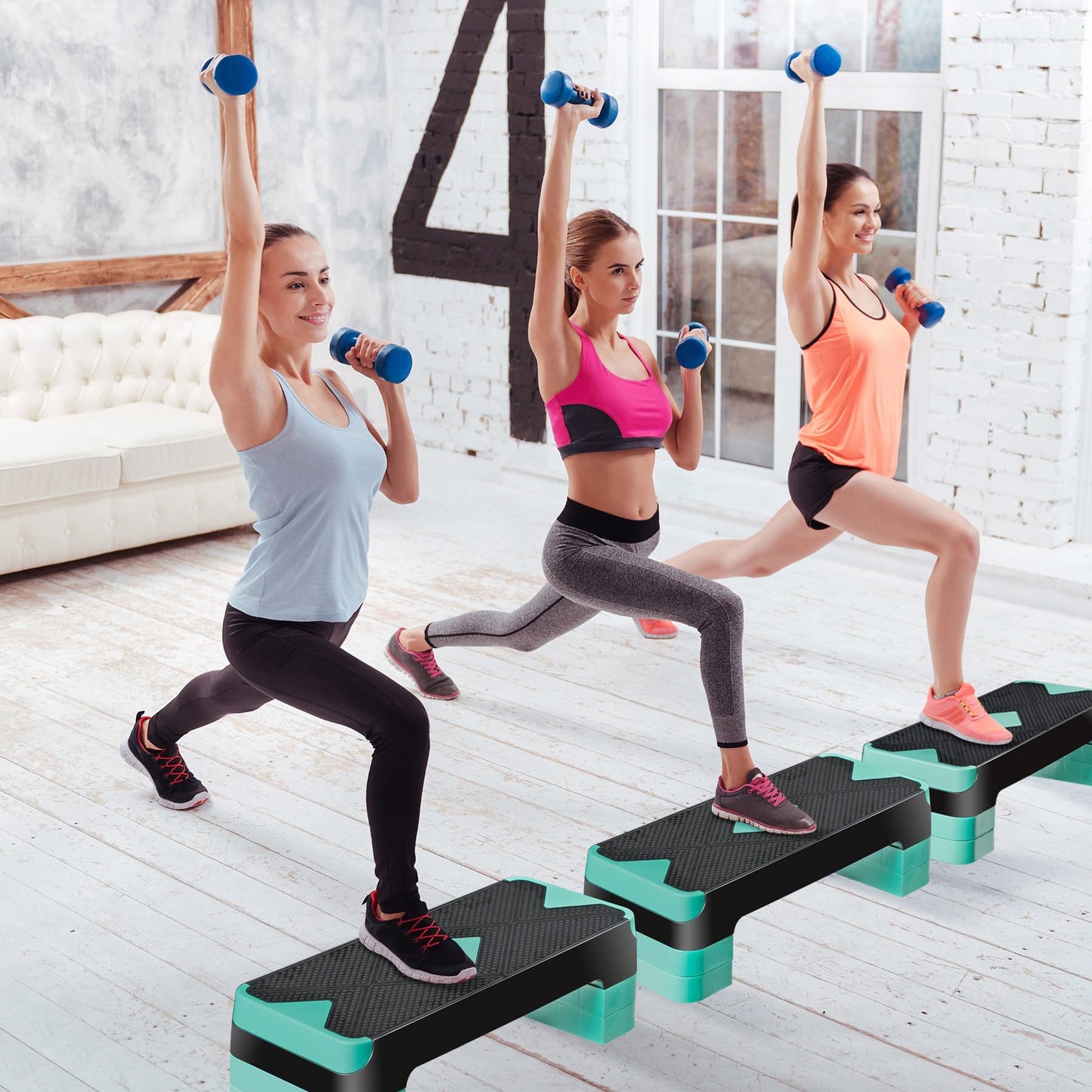 26.5 Inch Aerobic Exercise Step Platform for Home Gym, 4” 6” 8”Adjustable Risers for Home Gym Fitness Workout, Stepper Step Trainer, Green