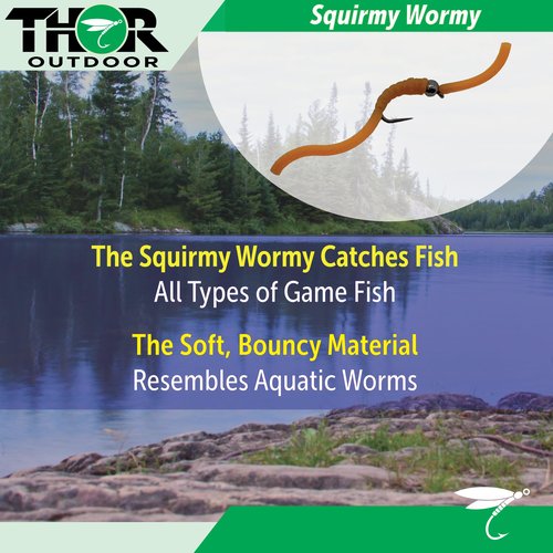 Thor Outdoor 6 Pc Squirmy Wormy Set, Tan Size #14 - Barbless Wet Worm Fly Fishing Flies for Trout, Panfish, Bass