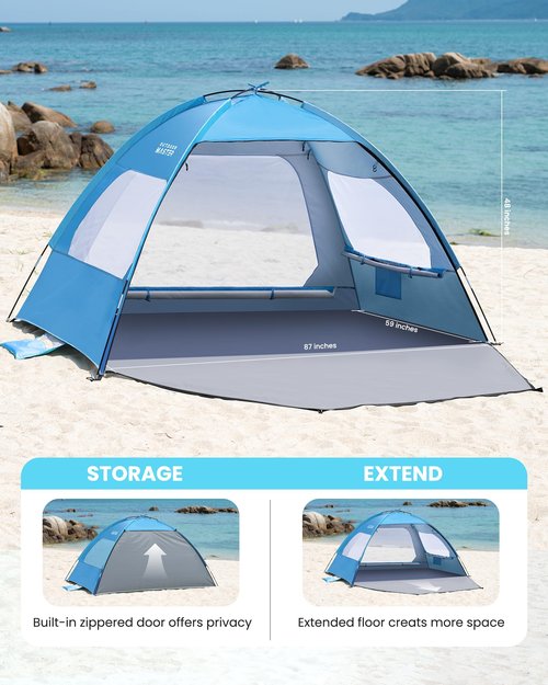OutdoorMaster Beach Tent for 3/4 Person - Easy Setup Sun Shade Shelter, Portable Beach Shade Sun Canopy with UPF 50+ UV Protection, Removable Skylight Family Size - 3 Person Blue