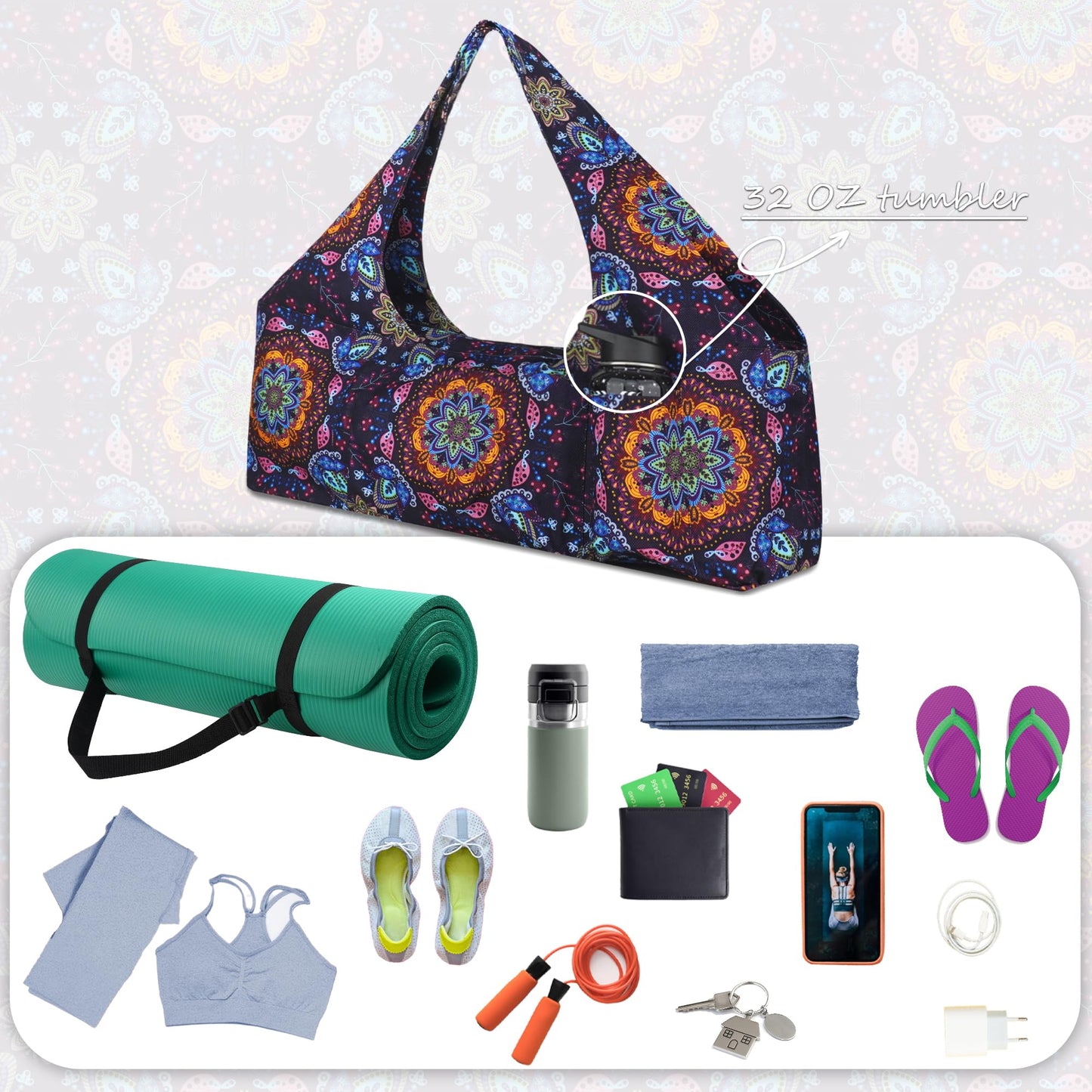 jswuffx Large Yoga Mat Bag Yoga Bags and Carriers Fits All You Stuff and Most Size Mats, Yoga Tote Bag with YogaMat Strap, Elastic Pockets and Zipper Pockets