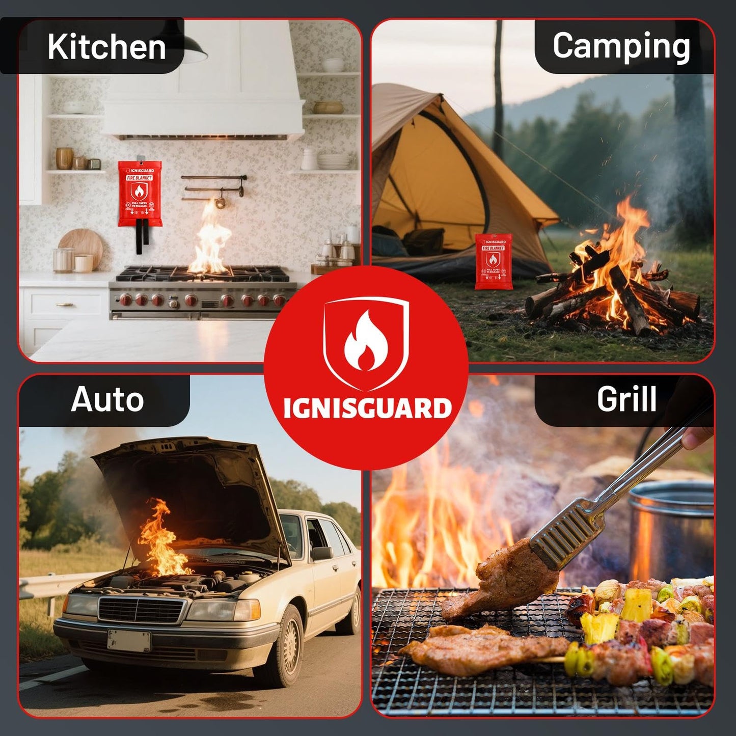 IGNISGUARD Emergency Fire Blanket for Home and Kitchen, 1-Pack 40"x40", Fiberglass Fire Blankets Emergency for Home BBQ Grill Camping Car Office Warehouse Picnic Fireplace Fireproof Survival Safety