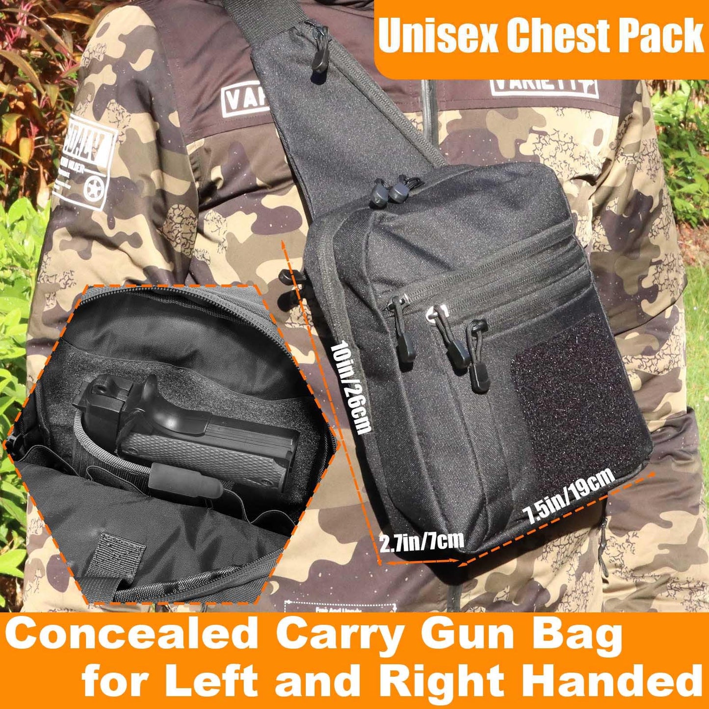 VTACOUTV Concealed Carry Gun Bag for Men & Women, Sling Pistol Bag for Handguns CCW Shoulder Bag Tactical Crossbody Chest Pack Range Bags with Holster (Black of Left and Right Hand)