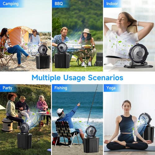 ROWXubau Portable Misting Fan with 11L Large Bucket for Outdoor Patios, 20000mAh Battery Operated Camping Fan with Hanging & Lighting, 3 Speed & 3 Spray Outlets, Rechargeable Fans for Fishing Garden