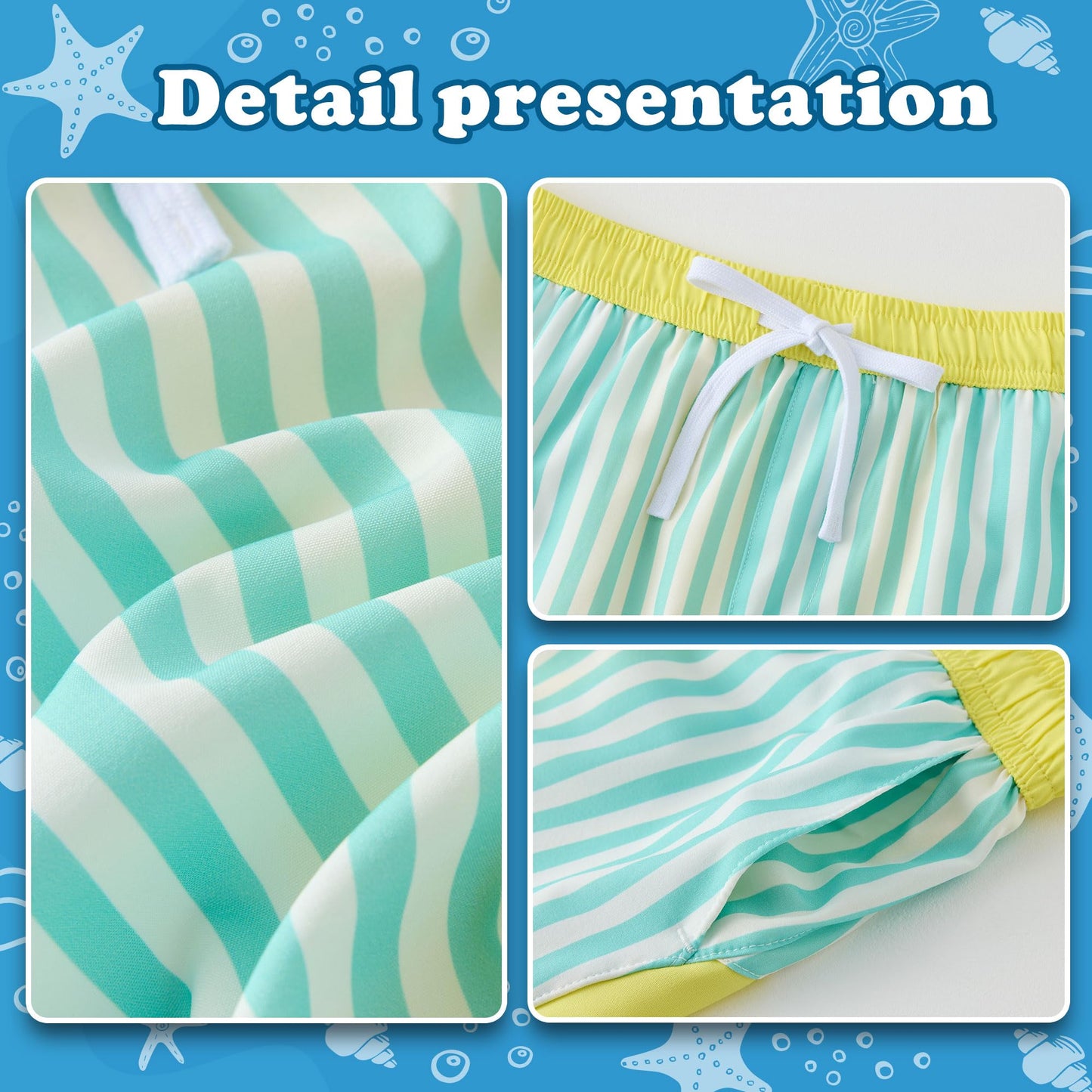 UMELOK Boys Swim Trunks with Compression Liner Kids Stretch Quick Dry Swimming Shorts Toddler Bathing Suit with UPF 50+ Green and White Stripes,10-12Y