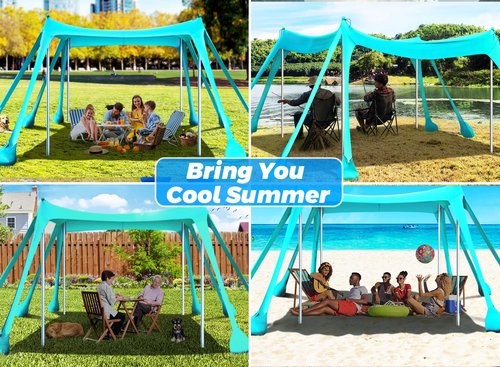 Vilupvie Beach Tent Sun Shelter Sunshade 11x11FT, UPF50+ Beach Canopy Tent Sun Shade with 8 Sandbags & 4 Stability Poles, Outdoor Shade Beach Canopy for Camping, Fishing, Backyard, Picnics (Turquoise)