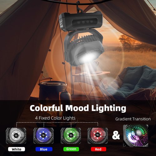 Roykaw Camping Fan 20800mAh Rechargeable Battery Powered Fan for 60 Hrs Cooling, Oscillating Fan with Battery Level Display, Colorful LED Lights & Timer Function, Fit for Fishing/Tent/Office, Black