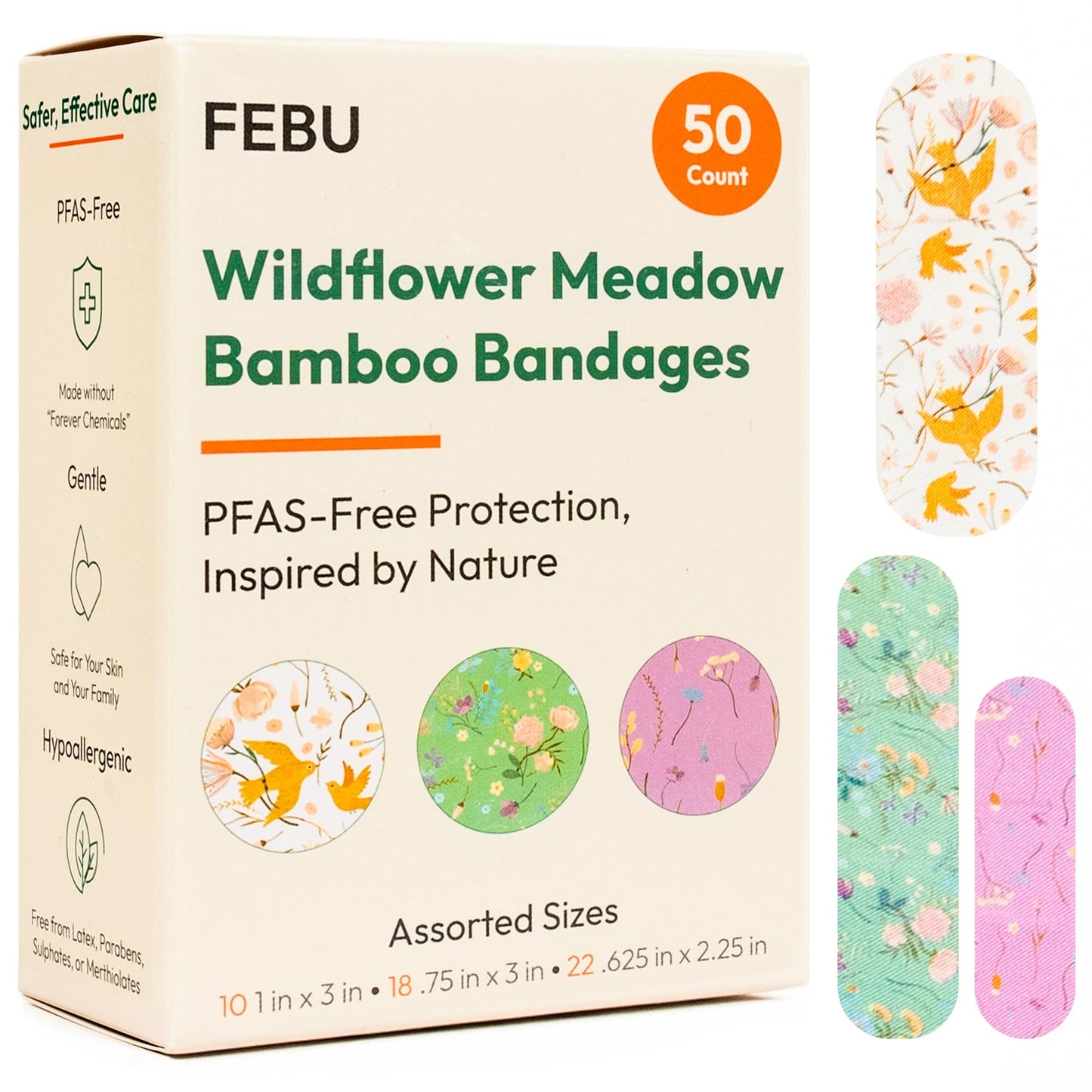 FEBU Wildflower Print Bamboo Fabric Bandages | PFAS Free Flexible Fabric Bandages | Natural Hypoallergenic Bandage for Scrapes, Cuts & First Aid | Compostable, Latex Free Bandage | 50 Count Strip