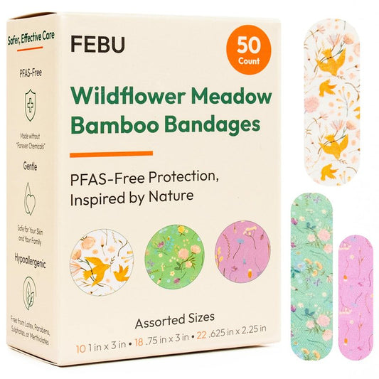 FEBU Wildflower Print Bamboo Fabric Bandages | PFAS Free Flexible Fabric Bandages | Natural Hypoallergenic Bandage for Scrapes, Cuts & First Aid | Compostable, Latex Free Bandage | 50 Count Strip