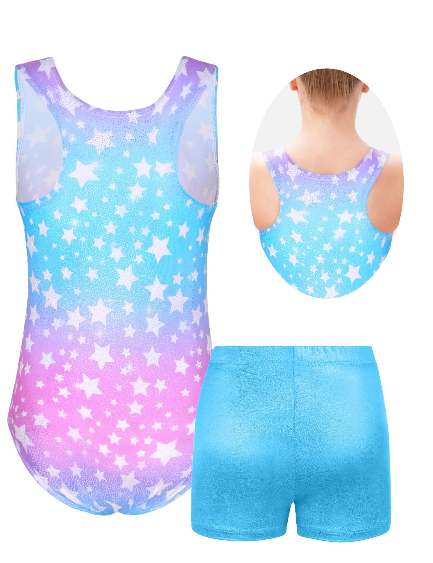Kirinkylin Girls Leotards for Gymnastics Size 8-9 Years Purple Blue Stars Shiny Dance Wear with Shorts for Little Ones