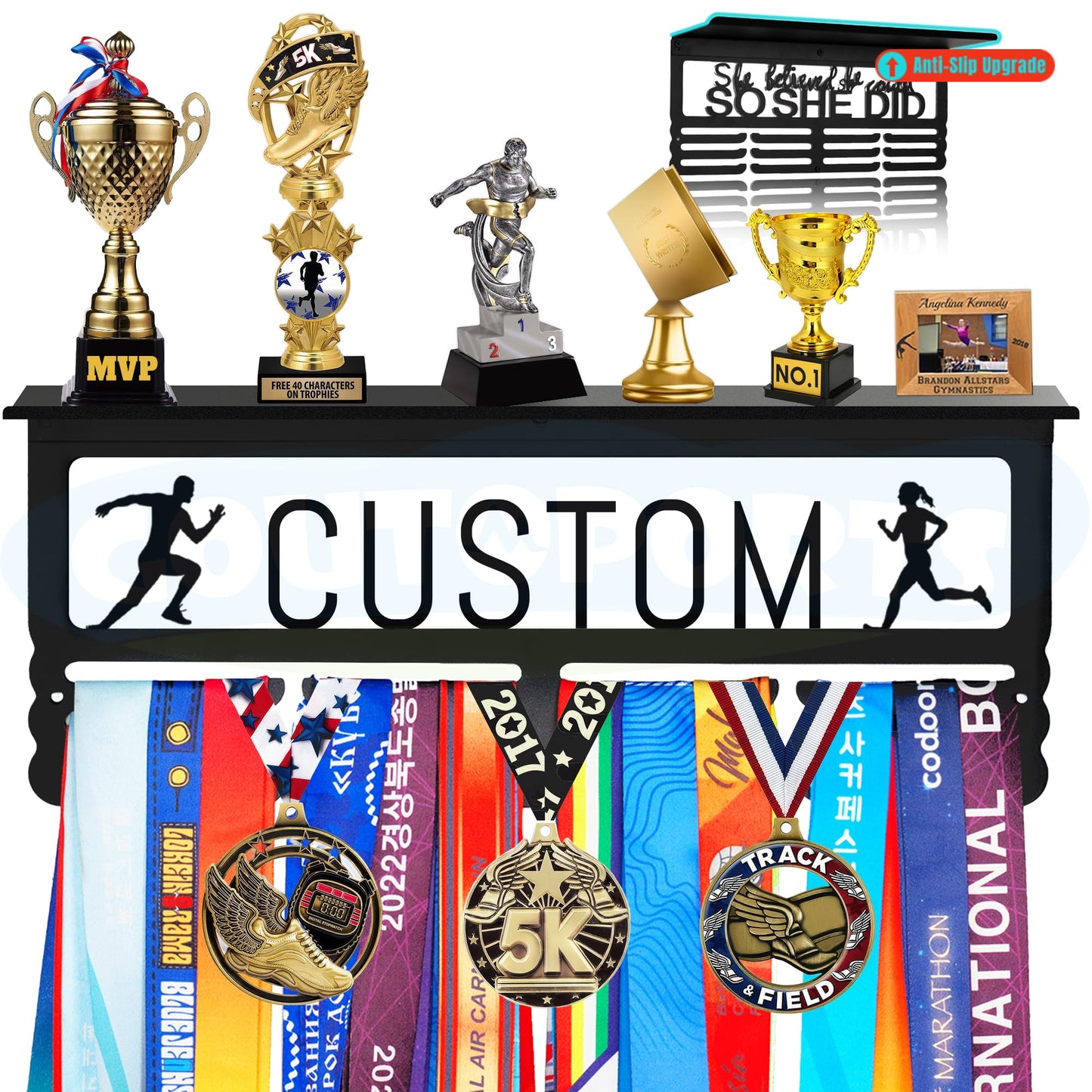 Personalized Medal Wall Hanger with Shelf - 70+ Medal Display Rack with Custom Name Engraving - Stainless Steel, Secure Hooks - Running Race Medals + Trophies/Photos Holder for Homes/Gyms/School