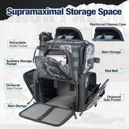 Piscifun Fishing Tackle Backpack with 4 Trays, Large Outdoor Storage Tackle Bag with Protective Rain Cover, VEIL Camouflage