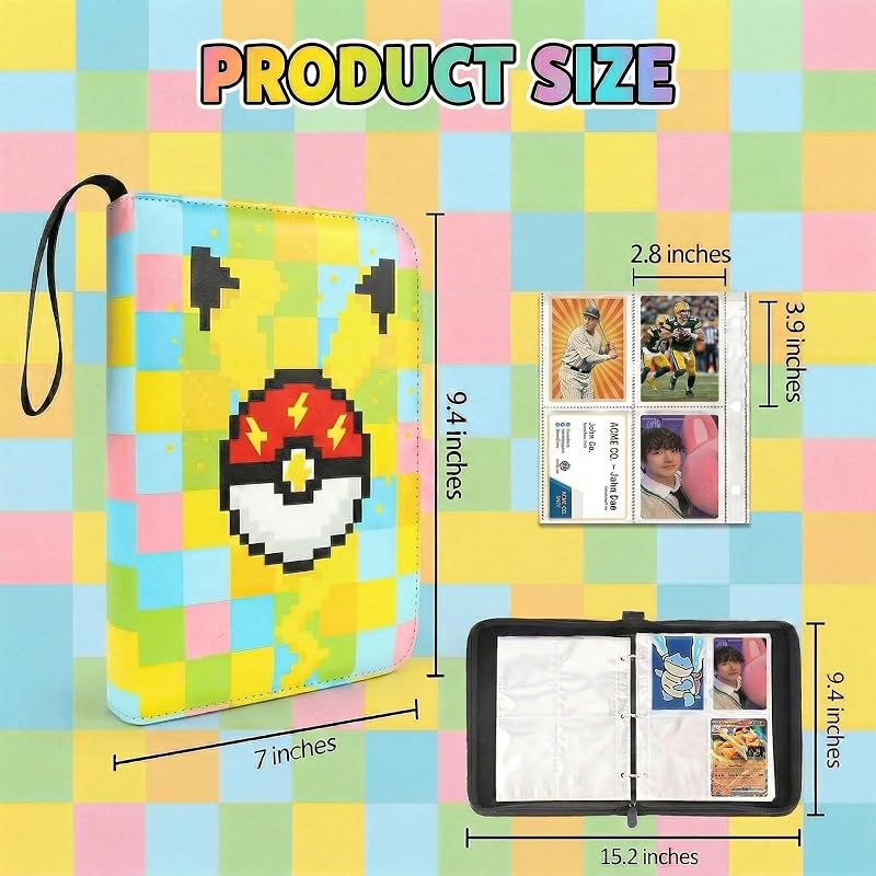 Yellow Pixel 4-Pocket Card Binder with 440 Pockets, 55 Removable Pages, 3-Ring Zipper - Includes Top-Loading Sleeves