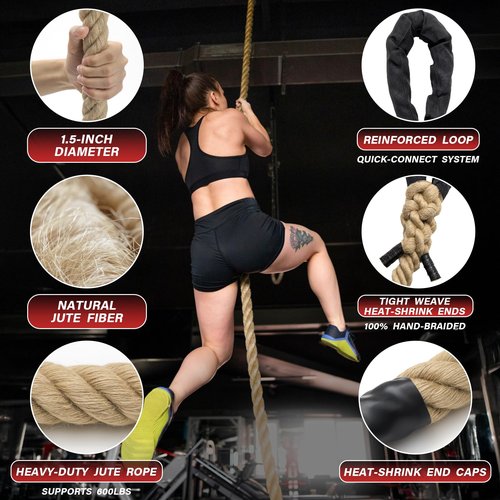Climbing Rope Gym Workout - 20FT Heavy Duty Jute Thick Ropes for Adults Strength Training Outdoor Tree Swing Indoor Home Fitness Exercise - 1.5 Inch
