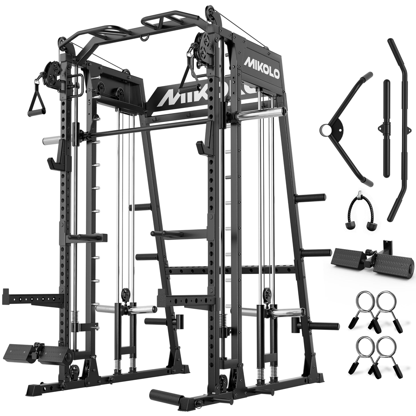 Mikolo Smith Machine, 2200lbs Squat Rack with LAT-Pull Down System & Cable Crossover Machine, Multi-Function Power Cage