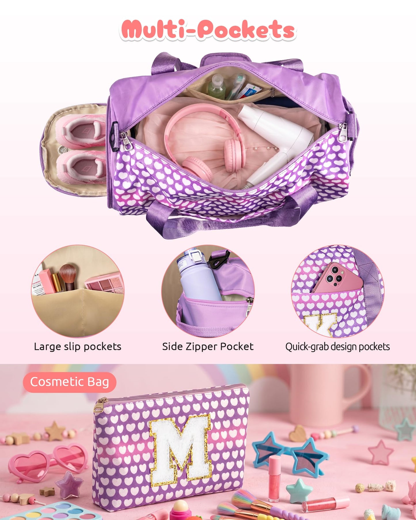 Vogewood Party Favors for Teenager, Girls Travel Duffle Bag with Makeup Pouch, Initial Kids Overnight Weekend Bag with Shoe Compartment Birthday Gift for Teen (Letter R)
