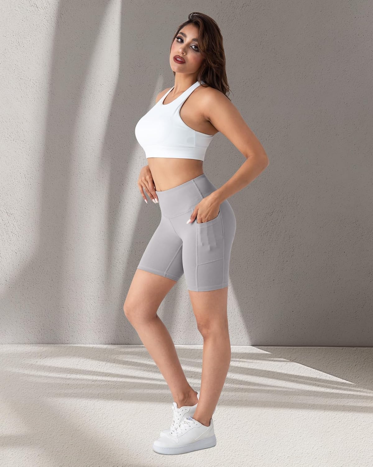 2 Packs Biker Shorts with Pockets for Women, Tummy Control High Waist Spandex Shorts 8" (2BlackDGrayLGray, XL)