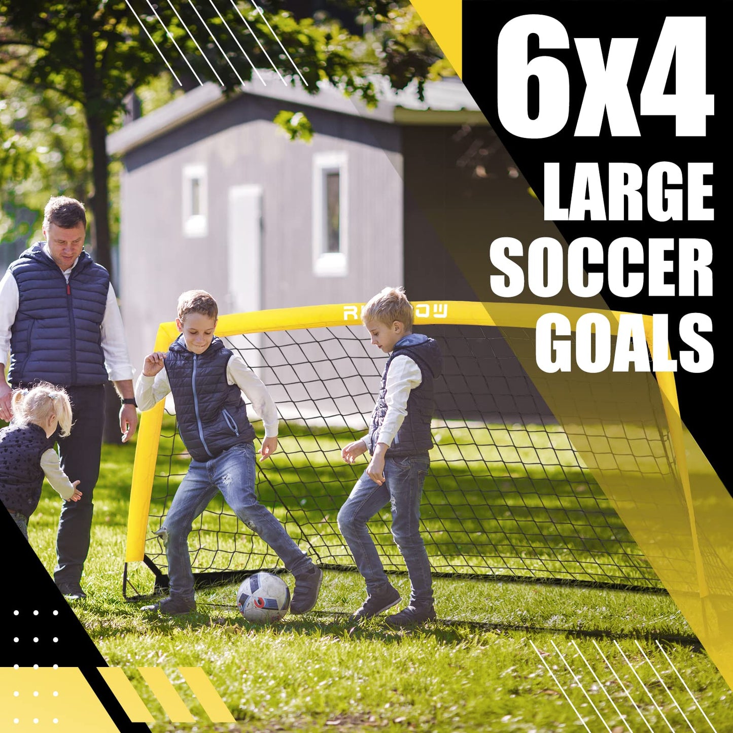 RUNBOW 6x4 ft Portable Kids Soccer Goal for Backyard Practice Soccer Net with Carry Bag (6x4 FT, 2 Pack, Yellow)