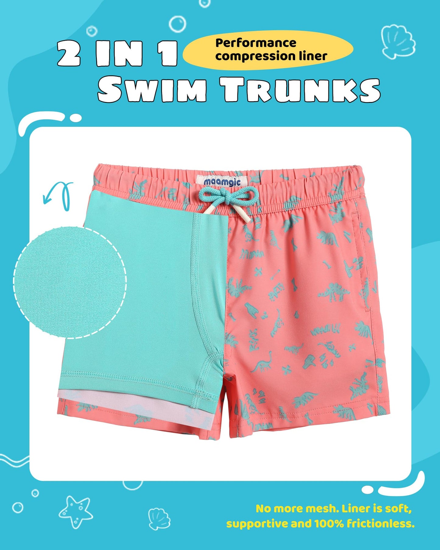 maamgic Boys Swim Trunks with Compression Liner Toddler Stretch Swim Shorts Quick Dry Swimming Trunks Boxer Brief 2 in 1 Beach Shorts Pink Mini Dinosaur 14/16