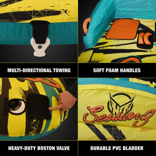HO Sports Session 3 Towable Tube - 3 Rider Water Tube - Dual Tow Points - Hexa-lite Rip-Stop Nylon - Quick Connect Tow System - Heavy-Duty PVC Bladder