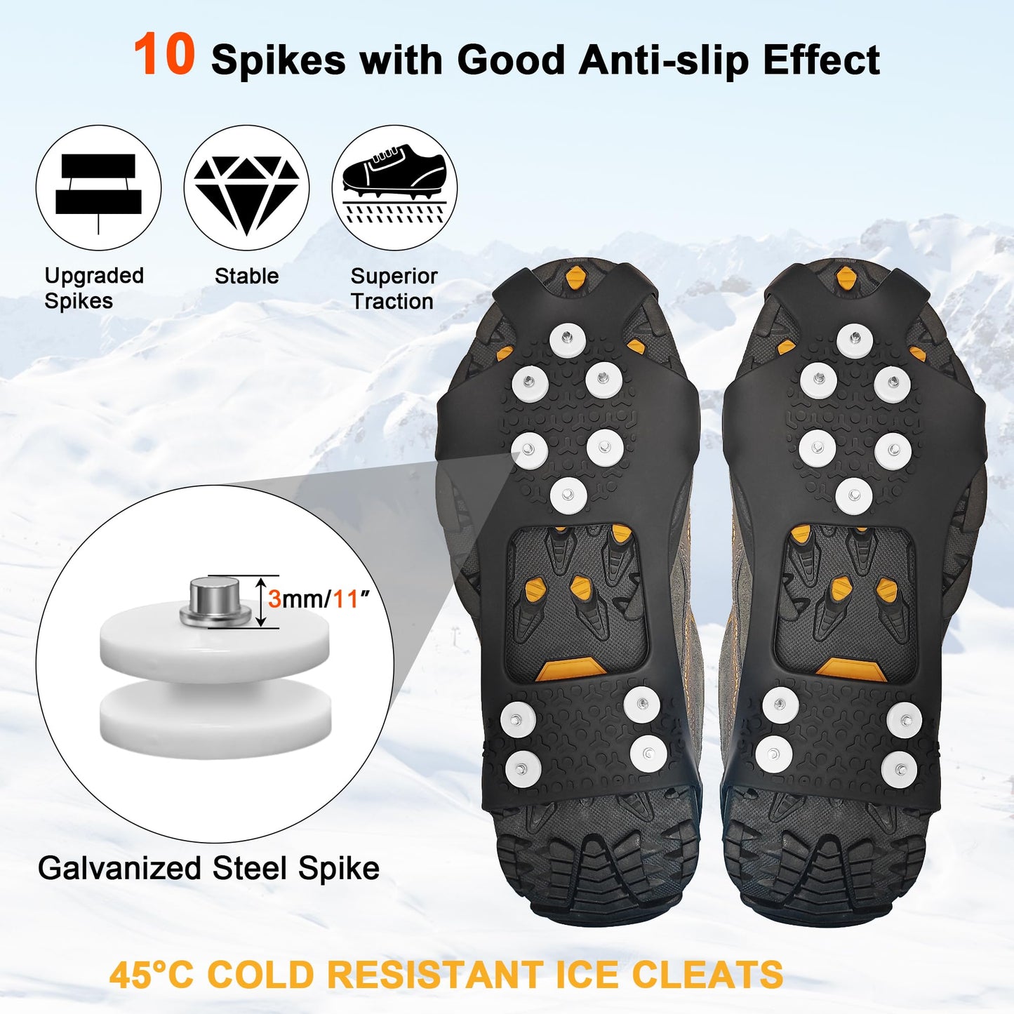 ice Snow Grips: 10 Nail Spikes, Stretchable Snow Grips for Men Women. Ideal for Winter Activities Like Walking, Running, Hiking, Mountaineering, Ice Fishing, or Dog-Walking (M:10-13 W:8-11)