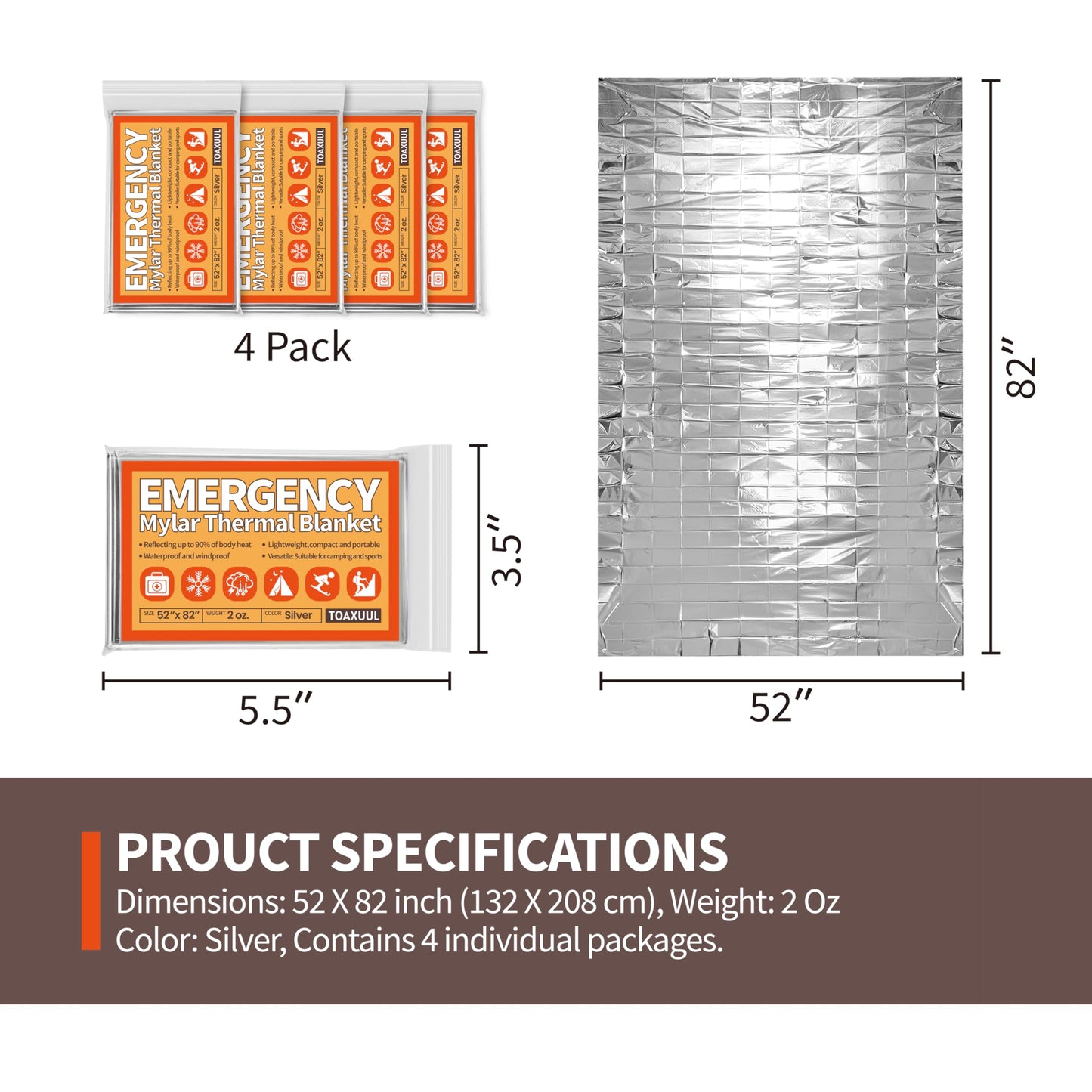TOAXUUL Emergency Blanket 4 Pack, Reflective Thermal Blanket, Space Mylar Blankets Survival Gear,82" X 52"