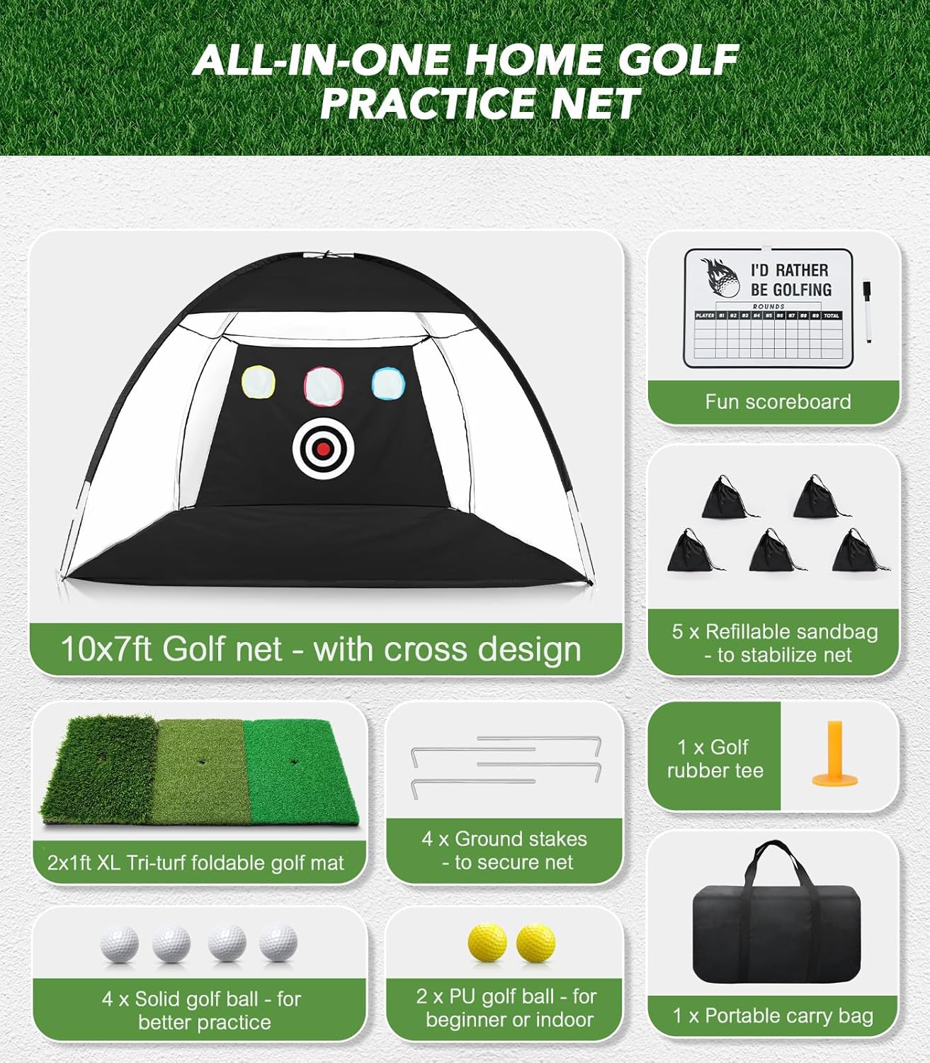 10x7FT Golf Net with Foldable Tri-Turf Practice Mat, All-in-1 Golf Hitting Aid with Scoreboard & Target, Chipping Training Nets for Backyard Driving, Ideal Gifts for Men Dad Husband Boys