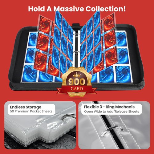 Winsing Card Binders 9 Pocket with 900 Pockets,Premium Zipper Case with 50 Removable Pages, Trading Folder,Album Sleeves Holder Sheets for Game and Sports Cards,Gifts for Boys and Girls,Red