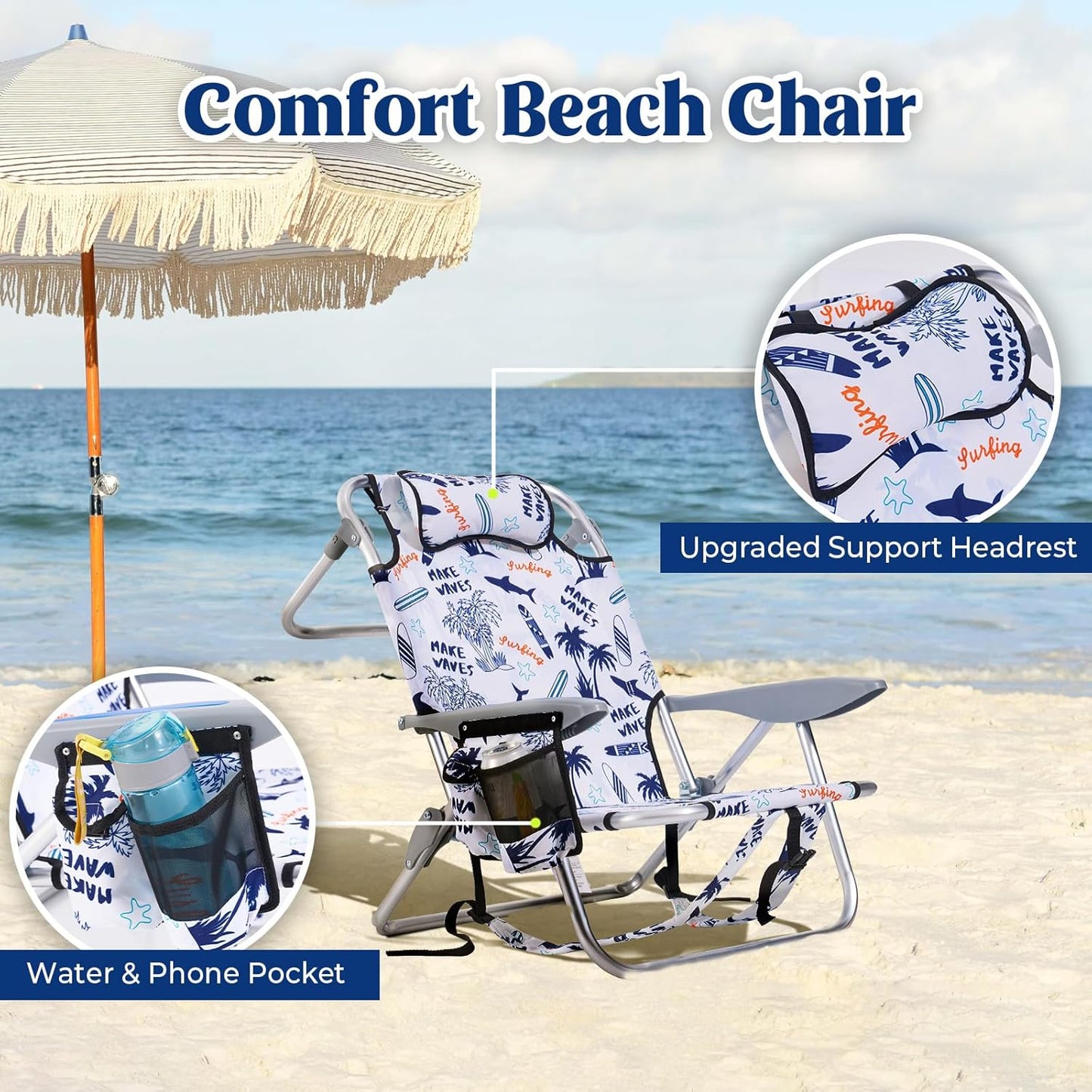 2 Pack Lightweight Portable Camping Beach Chair for Adults, Outdoor Lay Flat Folding Beach Chairs with 5 Positions, Backpack Beach Chair with Towel Bar, Zipper Pouch, Cup Holder, Ocean Striped